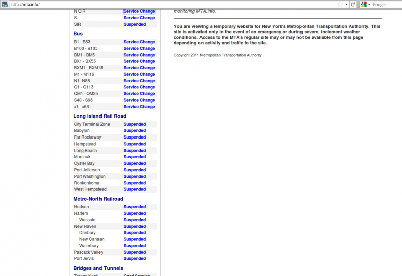 Тимчасовий сайт MTA для надзвичайних ситуацій, вказано що весь транспорт зупинено
